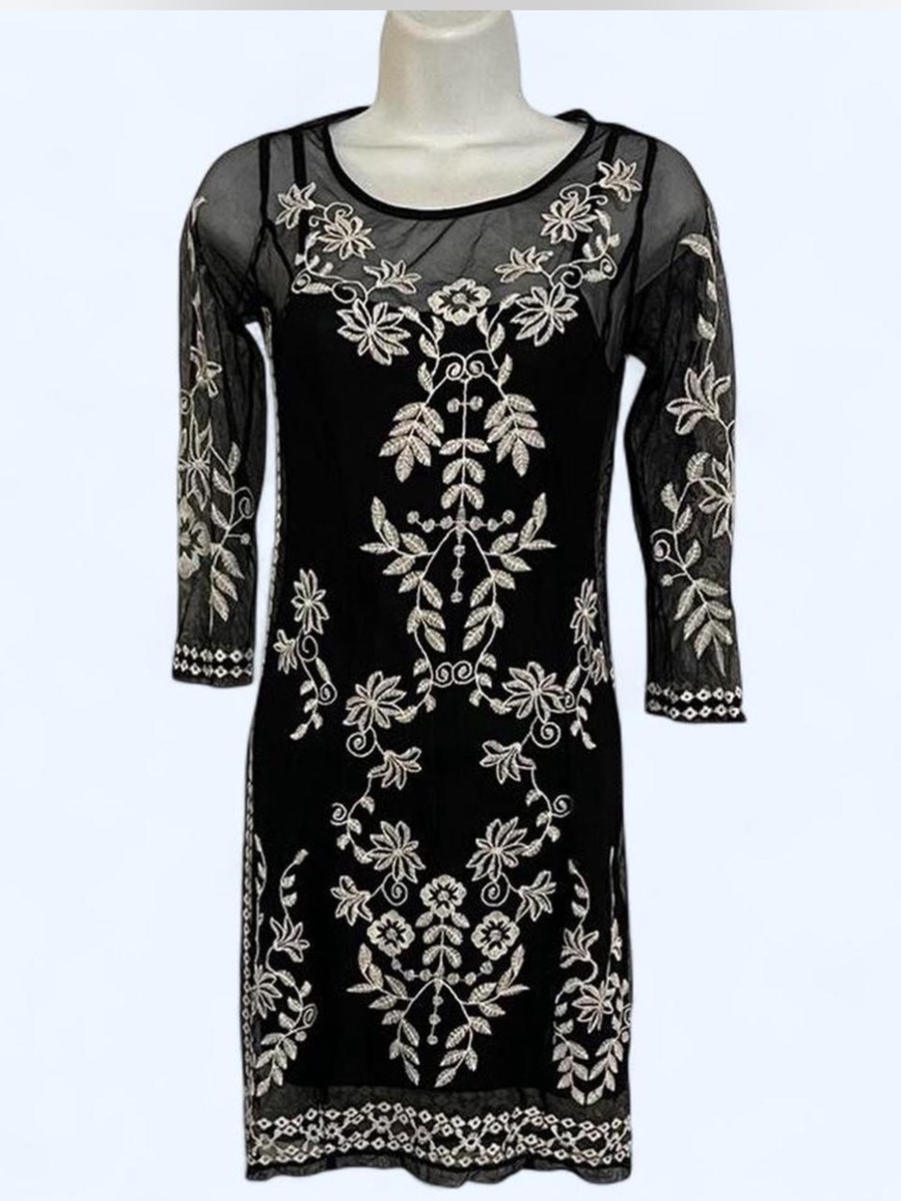 Black Dress with White Floral Embroidery